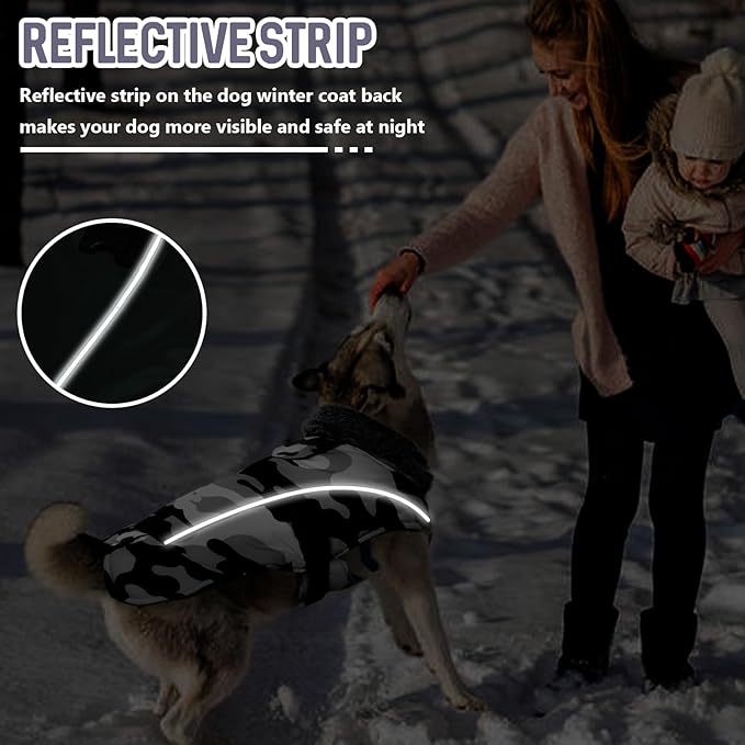 DENTRUN Extra Large Warm Dog Jacket - Windproof Water Repellent Reflective Coat, Adjustable Plush Turtleneck, Easy Wear Fleece Lined Cold Weather Vest for Great Dane, White Camo, XXXL