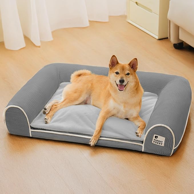 FUNNY FUZZY Orthopedic Dog Bed – Washable Dog Bed with Double Layer Plush Cushion Sofa Style Design with Bolstered Sides for Small Medium & Large Dogs Removable Cover XL Size (39.3"x26.7"x7.8") Grey