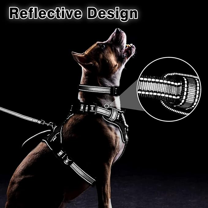 WINSEE Pet Harness Collar and Leash Set, All-in-one Reflective Dog Harness No Pull with Adjustable Buckles for Puppies, Small, Medium, Large, and Extra-Large Dogs (Large, Black)