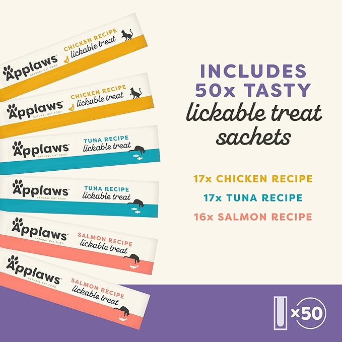 Applaws Lickable Cat Treats, Natural Grain-Free Purée, Made with Limited and Natural Ingredients, Variety Pack with Chicken, Tuna & Salmon Squeeze Up Treats (50 x 0.5oz Sachet Tub)