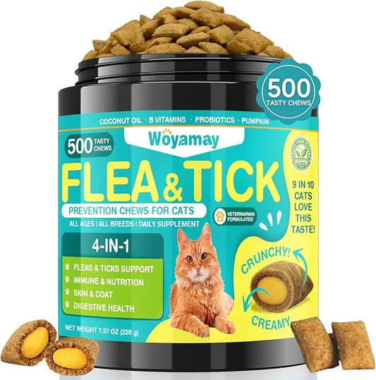 4-IN-1 Flea and Tick Prevention for Cats, 500 Crunchy & Creamy Chews, Cat Flea Treatment, Natural Oral Flea Treatment for Cats, Daily Support for Flea, Immune, Skin & Coat, Gut, Chicken Flavor