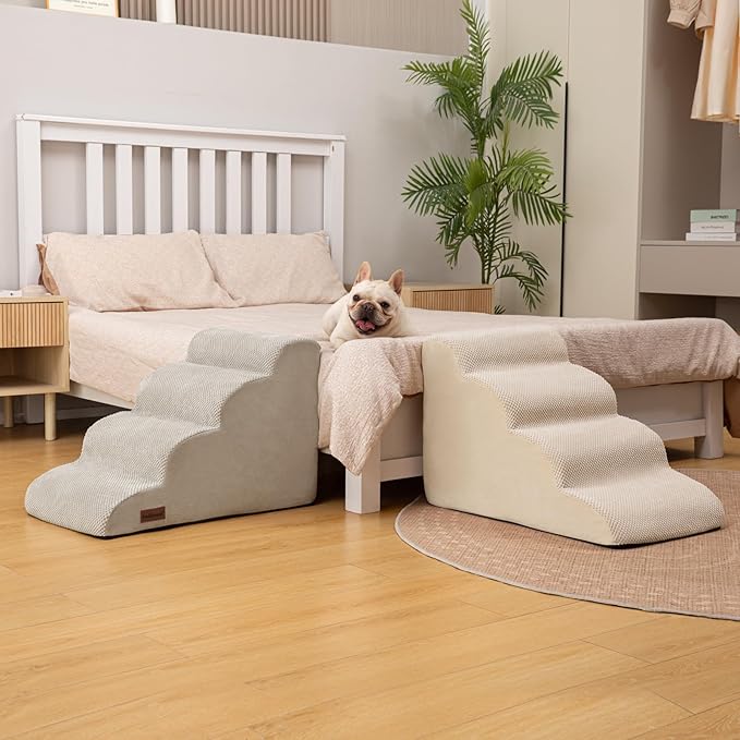 Dog Stairs Ramp for Bed and Couch,4 Step Dog Steps for Small Dogs,Pet Stairs with Non-Slip Bottom for Old Cats,Indoor Pet Steps,Comfort,Durable,17.4" H,Beige