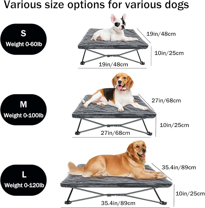 unp Foldable Dog Bed Pop up - 36 x 36 x 10 inch Elevated Pet Cot Outdoor Breathable - Removable Plush Pad & Carrying Bag Raised Dog Camping Bed (Grey, L PRO)