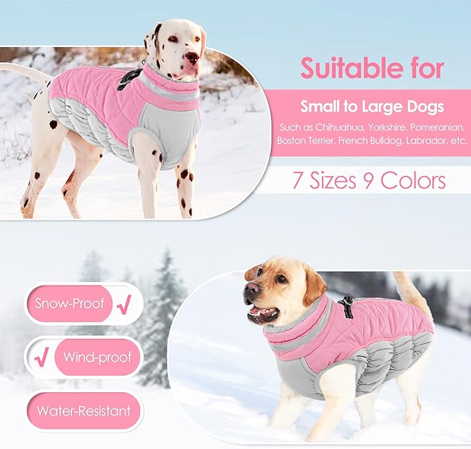 AOFITEE Dog Coat, Warm Dog Jacket, Reflective Winter Coats for Medium Dogs, Turtleneck Dogs Winter Jacket with Harness Built in, Waterproof Windproof Pet Fleece Vest Puffer Jacket, Pink M