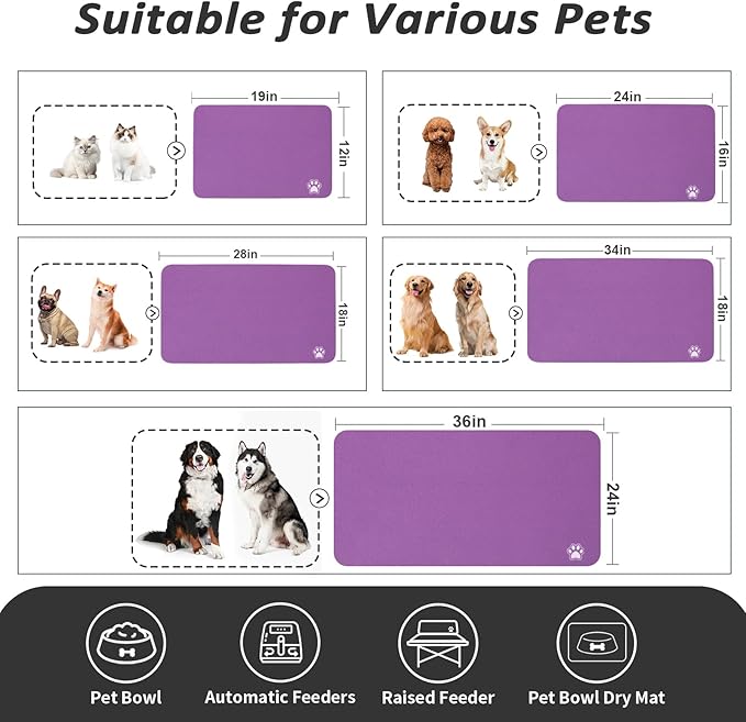 Pet Feeding Mat - Absorbent Dog Mat for Food and Water, No Stains Cat Bowl Mat, Easy to Clean Pet Placemats, Quick Dry Dog Water Dispenser Mat for Messy Drinkers | Paw Purple 12"x 19"