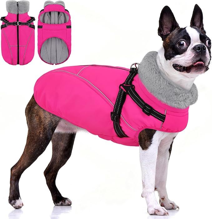 AOFITEE Dog Jacket with Harness Built in, Waterproof Dog Coat for Small Dogs, Warm Fleece Pet Puffer Vest with Zipper on Back & Furry Collar, Reflective Dogs Snow Jacket Small Pet Snowsuit, Pink S
