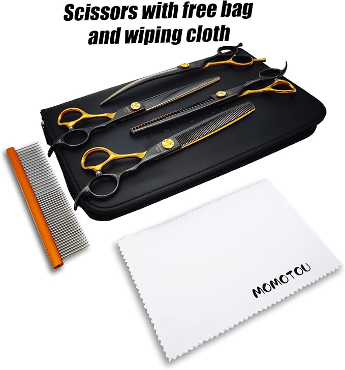 7.5'' Black & Gold Dog Grooming Scissors Set with Comb Curved, Straight, Chunker and Thinning Shears 4PCS in Scissors Bag 440C Stainless Steel Sharp and Durable for Groomers and Beginners