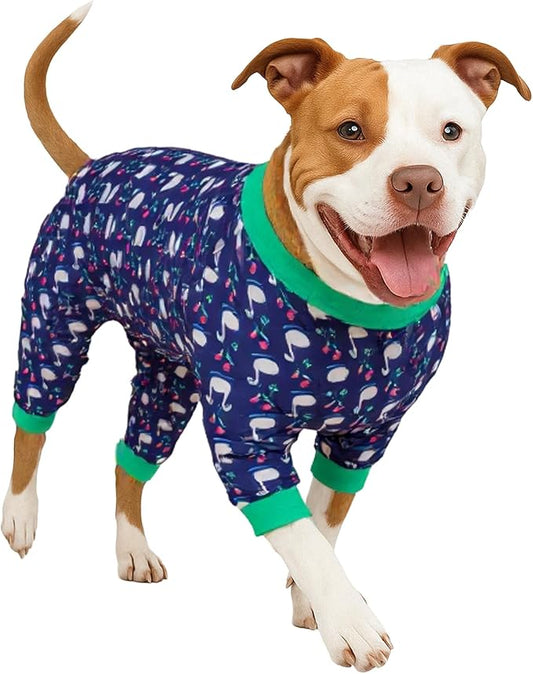 LovinPet Dog Pajamas for Large Dogs Pitbull, Wound Care, Post Surgery Cotton Pullover Pet Pajamas,Stretchy Fabric,Midnight Blue Swan Print, Pitbull Party Clothes,Pullover Dog Costume,2XL