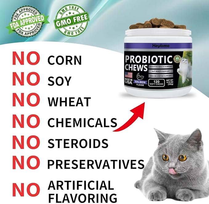 Cat Probiotic, Chews for Gut and Immune Health, Cats Probiotic Supplement for Cat Digestive Support, Healthy Digestion, Cat Constipation and Diarrhea Relief (120 Pills, Salmon)