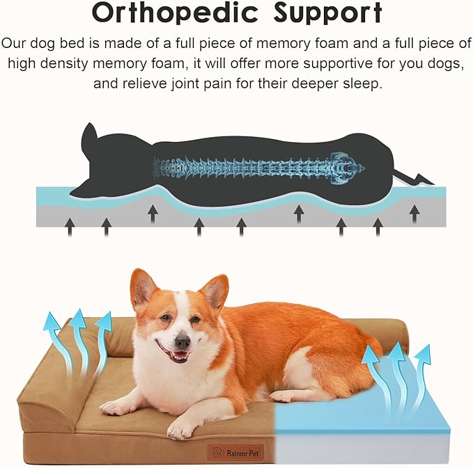 Orthopedic Dog Beds Large Sized Dog, Memory Foam Pet Bed for Medium and Large Dogs, Removable and Washable Microsuede Cover, TPU Waterproof Liner, Nonskid Bottom, 36x27x6 Inches, Khaki