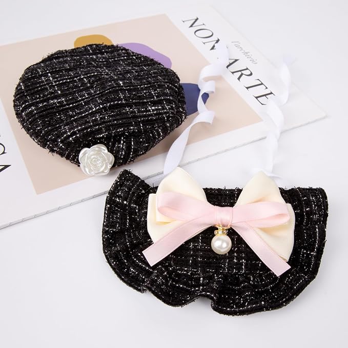 HOWWFALY 2PCS Cat Beret Hat with Small Camellia, Adjustable Satin Bowtie Bandana Scarf Set Pet Princess Costume for Halloween Christmas, Cat Dog Birthday Party Apparel(Black Bow)