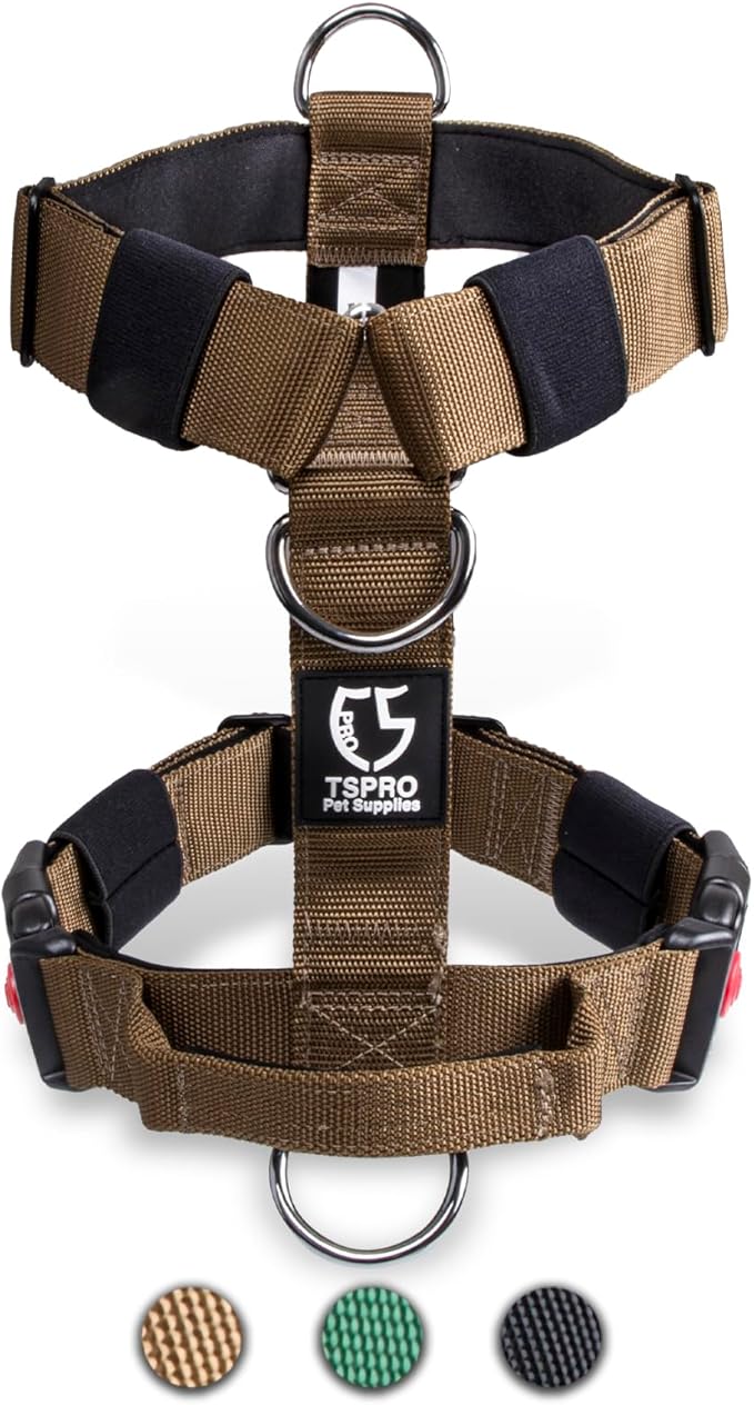 TSPRO Premium Heavy Duty Dog Harness, Adjustable Tactical Dog Harness for Large Dogs with Quick-Release Buckle and Comfortable Soft Handle for Outdoor Walking and Running (Khaki M)