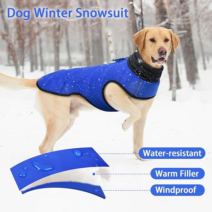 MIGOHI Lightweight Dog Puffer Jacket - Dog Winter Coat with Reflective Strips, Padded Vest with Harness Hole, Warm Snow Jacket Cold Weather, Easy On Hook & Loop Belly for Large Dogs, Blue, 3XL