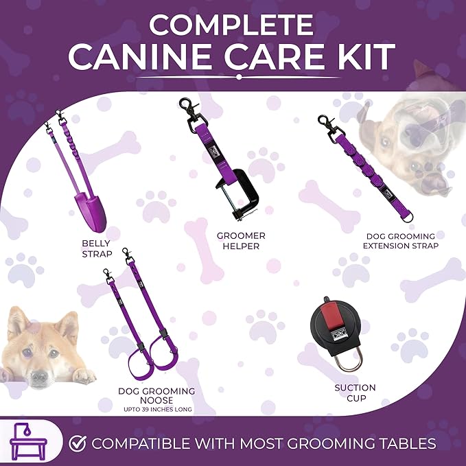 Prestige Elite - Set of 6 - Dog Groomers Helper Grooming Loops for Pet Groomers Adjustable Biothane Dog Grooming Loop, Belly Strap, Grooming Noose, Extension Strap & Suction Cups - Grooming Leash