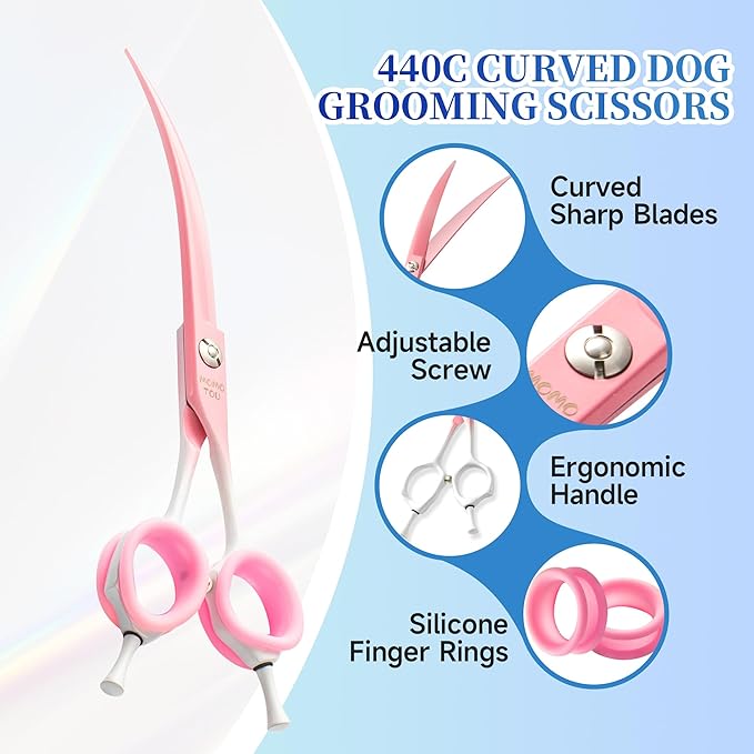 Curved Dog Grooming Scissors Pink to White Gradient 440C Stainless Steel Pet Grooming Shears Sharp Durable Dog Shears for Professional or Home Use Ergonomic Handle with 2 Silicone Finger Rings