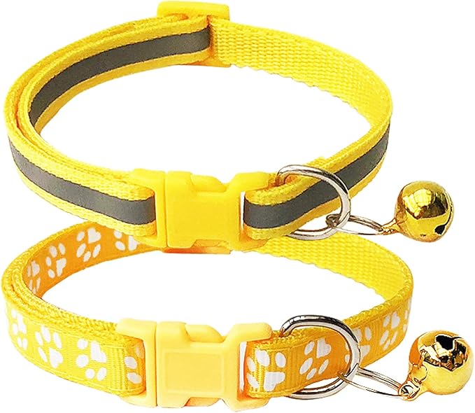 CHBORCHICEN 2-Pack Footprint & Reflective Cat Collar with Bell Basic Dog Cat Collar Buckle Adjustable Polyester Cat Dog Collar or Seatbelts (Small, Yellow)