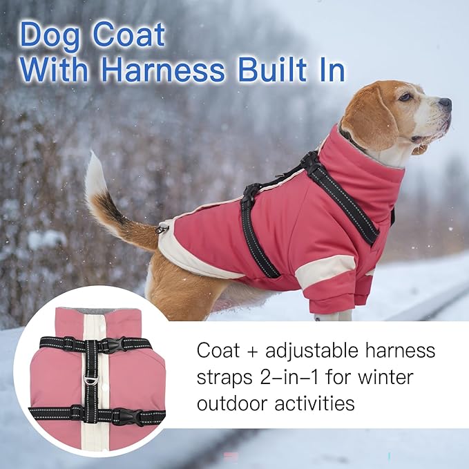 Turtleneck Dog Coat with Harness Built in - S,Soft Warm Lining | Adjustable Reflective Harness Coats for Small Dogs,Water-Repellent Snowsuit,Windproof & Cold-Resistant Jacket (Pink)
