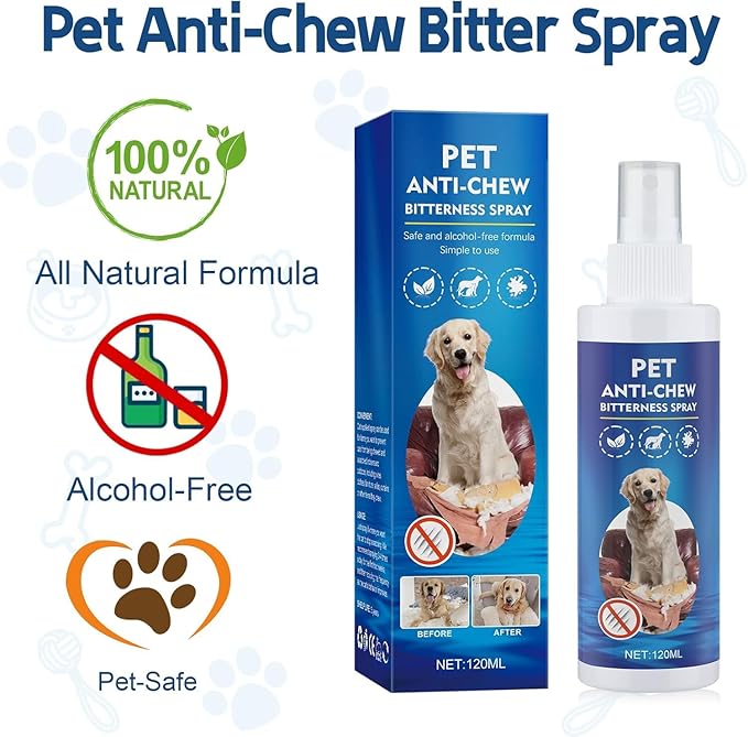 No Chew Spray for Dogs 120ML Bitter Apple Spray for Dogs Stop Chewing Licking of Furniture, Shoes, Bandages, Dog Training & Behavior Aids Spray, Indoor & Outdoor Use for Dog Deterrent Spray