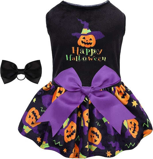 CuteBone Halloween Dog Dresses Velvet Holiday Small Dogs Clothes Onesie Pet Apparel Girl Puppy Skirt with Bow Hair Rope CVA41L-D