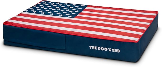 The Dog’s Bed Orthopedic Memory Foam Dog Bed, Large Blue & Red Trim USA Center Flag 40x25,Pain Relief for Arthritis, Hip & Elbow Dysplasia, Post Surgery, Supportive, Calming, Waterproof Washable