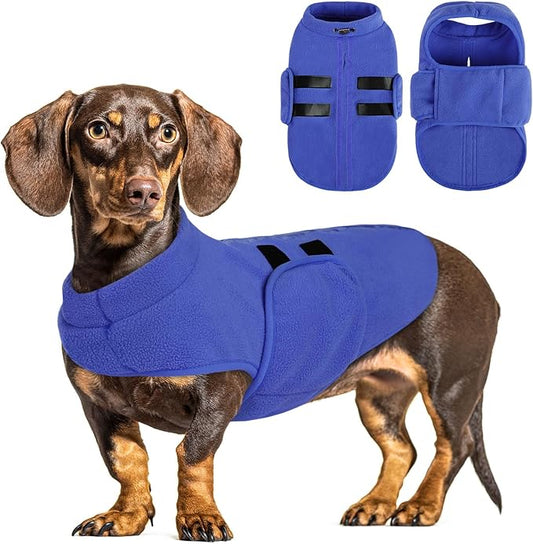 Queenmore Small Dog Sweater, Soft Fleece Vest Pullover Dog Jacket with Leash Hole, Warm Winter Dog Coats Cold Weather Doggy Dachshund Sweaters for Small Dogs Cats Boy or Girl (Blue, XS)