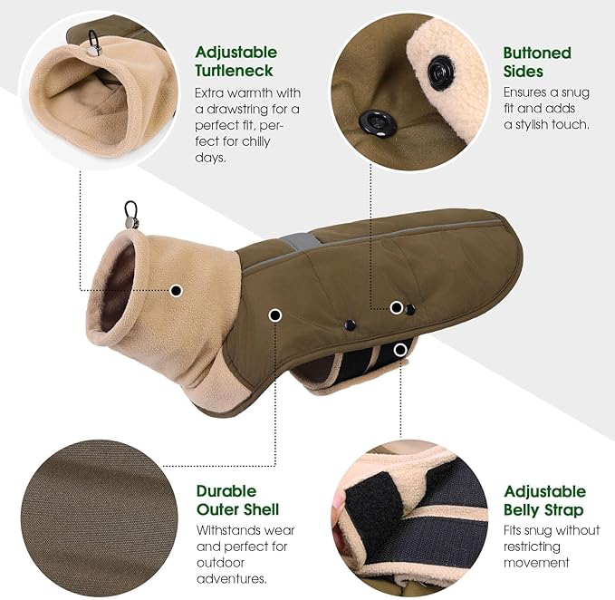 ASENKU Dog Coat, Dog Winter Jackets with Fleece Turtleneck, Windproof, Reflective Pet Snow Jacket for Cold Weather, Coats for Large Dogs, Army Green, XL