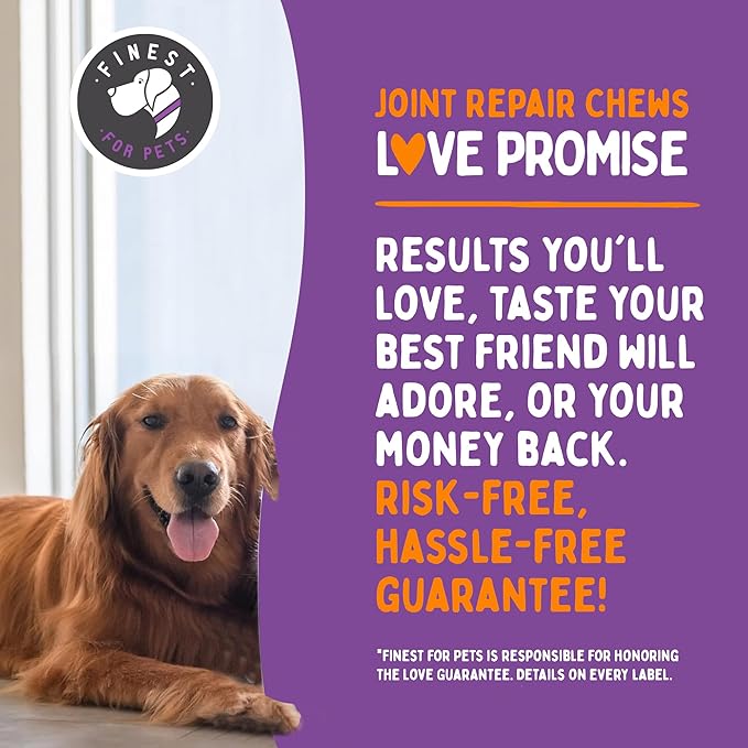 Finest For Pets Joint Repair Hip and Joint Chews for Dogs Glucosamine, Chondroitin, MSM, Hemp, Omega 3 & Turmeric for Dog Joint Support, Mobility & Pain Relief - (120 Chicken Chews, Made in USA)