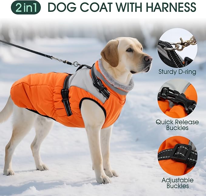 Kuoser Dog Coat, 2 in 1 Dog Jacket with Harness Built in, Winter Waterproof Puppy Puffer Jacket Snowsuit for Small Medium Large Dogs, Cold Weather Reflective Pet Fleece Vest with Zipper