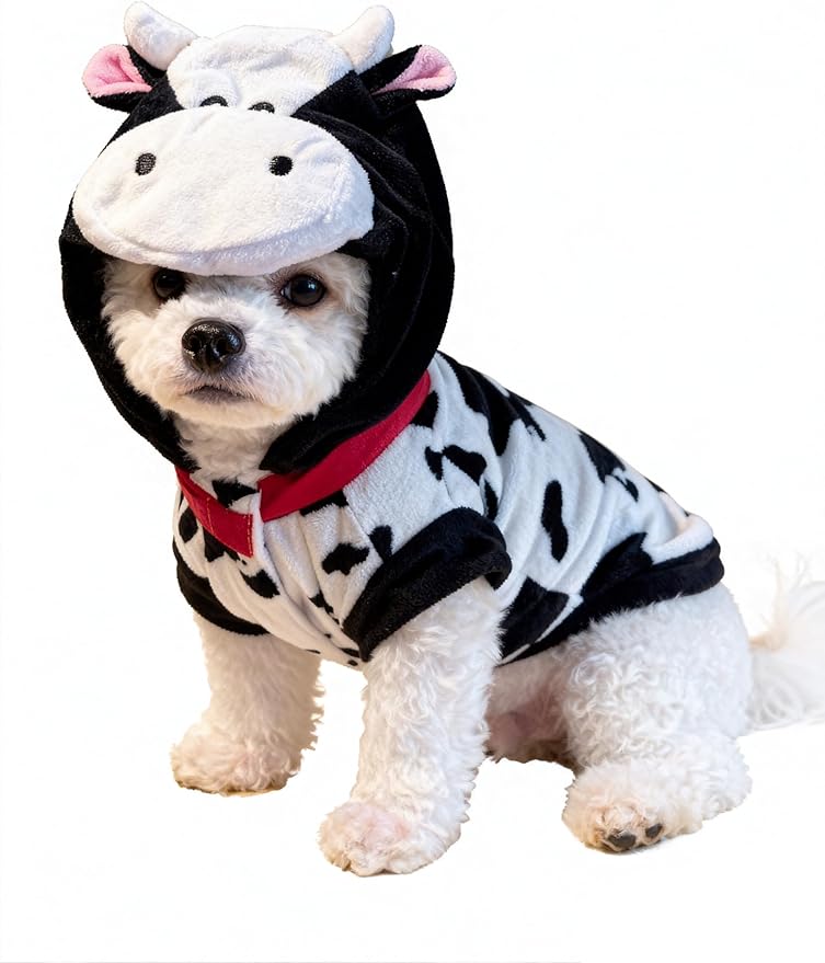 Pet Costume for Small Dogs Cats,Halloween Hoodies Winter Puppy Coat Outfits Funny Pajamas Clothes for Christmas Party,Cow S