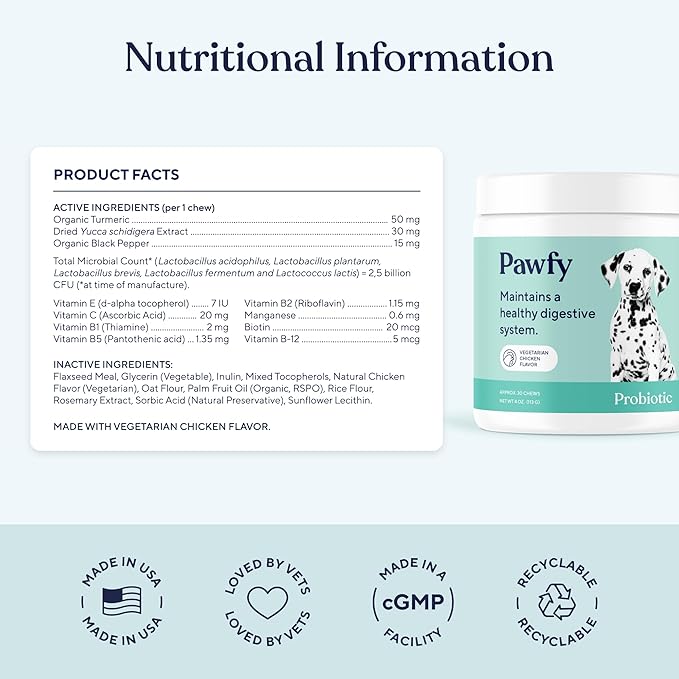 Pawfy Probiotics for Dogs | Supports Digestive Health, Diarrhea for Small, Large Dogs | Improves Gut Health | Anti Yeast Supplements | Skin Health Seasonal Allergies Support - 30 Chews (Chicken)