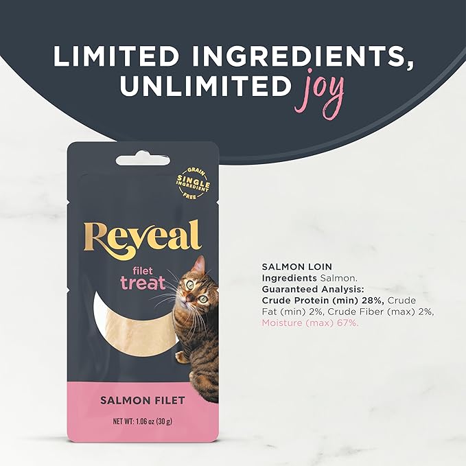 Reveal Natural Cat Treats, 12 Count Single Ingredient Treat for Cats, Grain Free, Whole Salmon Loin, 1.06 oz Bags