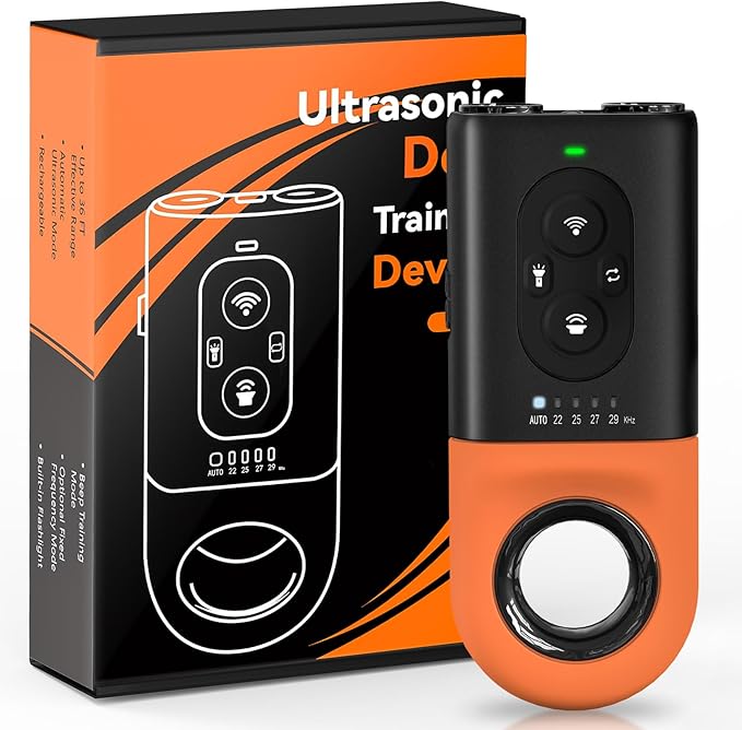 Dog Bark Deterrent Devices, Anti Barking Device for Dogs with Dual Emitters, 35 ft Range, LED Flashlight, Rechargeable Handheld Trainer, Safe & Effective, Stop Neighbors Dog