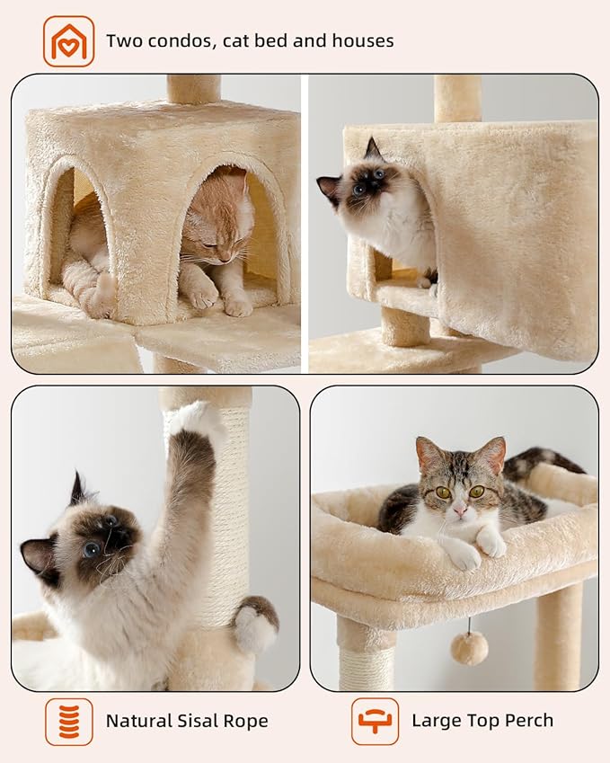 Cat Tree for Indoor Cats, 2 Cozy Condos with Spacious Top Perch, 56.3-Inch Multi-Level Cat Tower with Scratching Posts, 2 Caves, Plush Hammock and Climbing Ramp, Beige