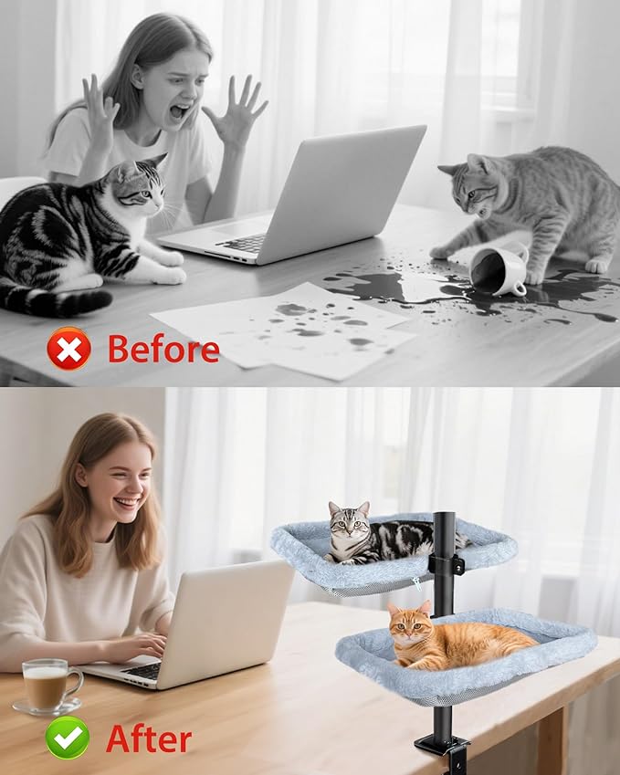 L&W BROS. Double Layer Cat Desk Bed – Adjustable Desk Nest with Swivel Mounts, Metal Frame, 45LB/Layer, Washable Covers, for Multi-Cat Homes