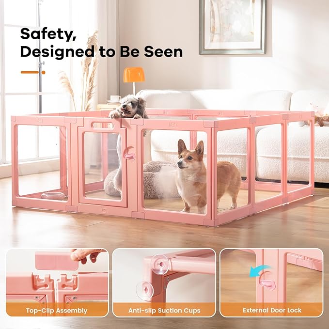 Clear Acrylic Dog Playpen Indoor, Puppy Cat Small Pet Play Pen, Pet Cat Foldable Playpen for Rabbits, Dog Fence Crate Kennel Whelping Cage (Pink, 12 Panel)