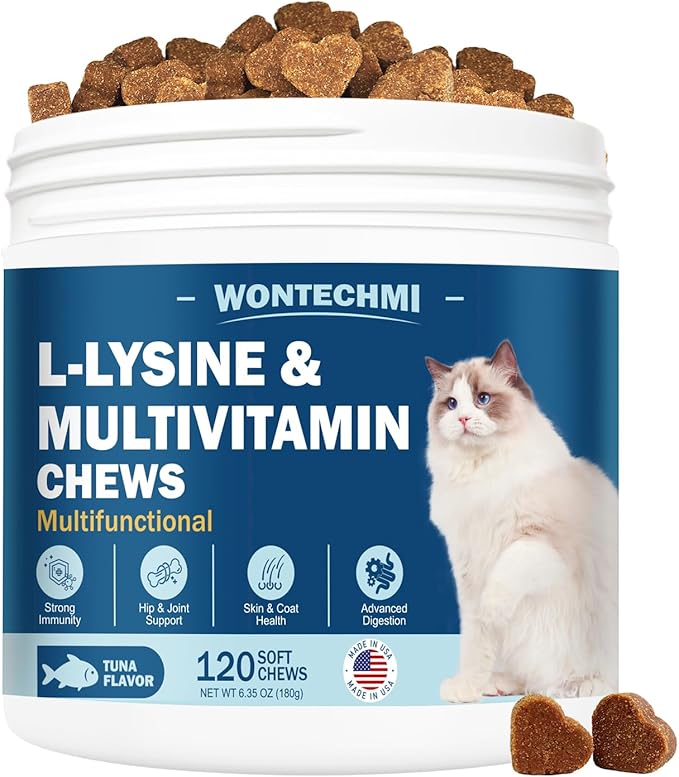 L-Lysine Supplement for Cats, Cat Vitamins for Sneezing, Runny Nose, Cold, Immune Support, Eye Function and Respiratory Health, Natural Lysine Cat Treats (120 Chews, Tuna)