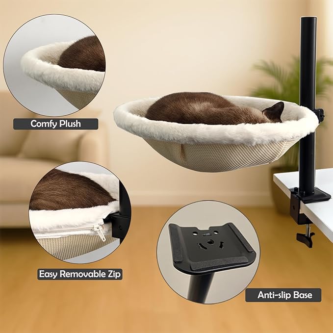 Cat Desk Bed - 360° Rotating & Height Adjustable, Cat Bed for Desk with Hammock, Sturdy Cats Bed for Desk with Removable Washable Cover, Supports Up to 50lbs, for Indoor Cats (14", Plush)