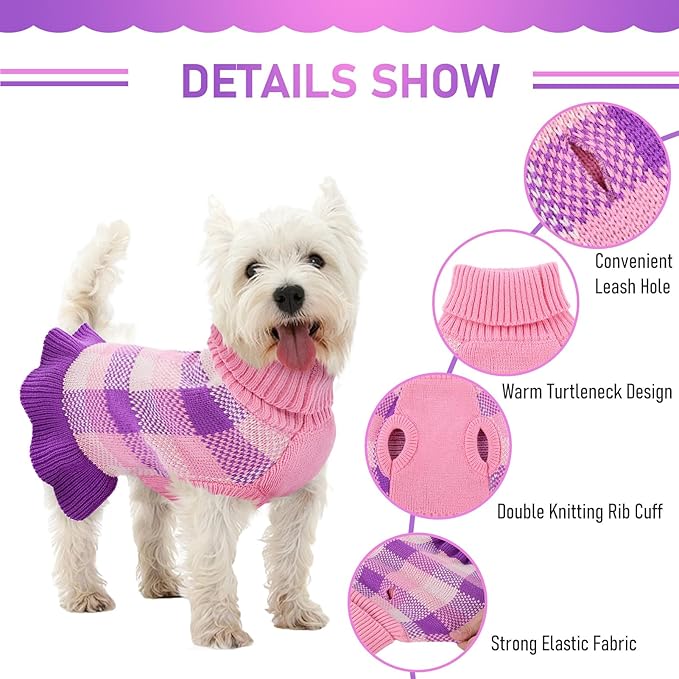 Dog Sweater Dress Plaid Knitwear for Small Medium Dogs Warm Puppy Pet Turtleneck Stretch Pullover Cute Fall Winter Vest Clothes with Leash Hole for Christmas (Purple, M)