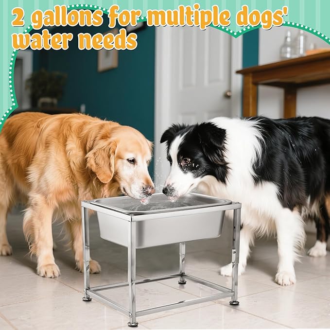 2 Gallons Large Elevated Dog Water Bowl - 3 Height Adjustable (8.5'', 10'', 11.6'') Raised Stand, Stainless Steel Dog Bowl for Medium Large Dogs Relief Joint Pressure