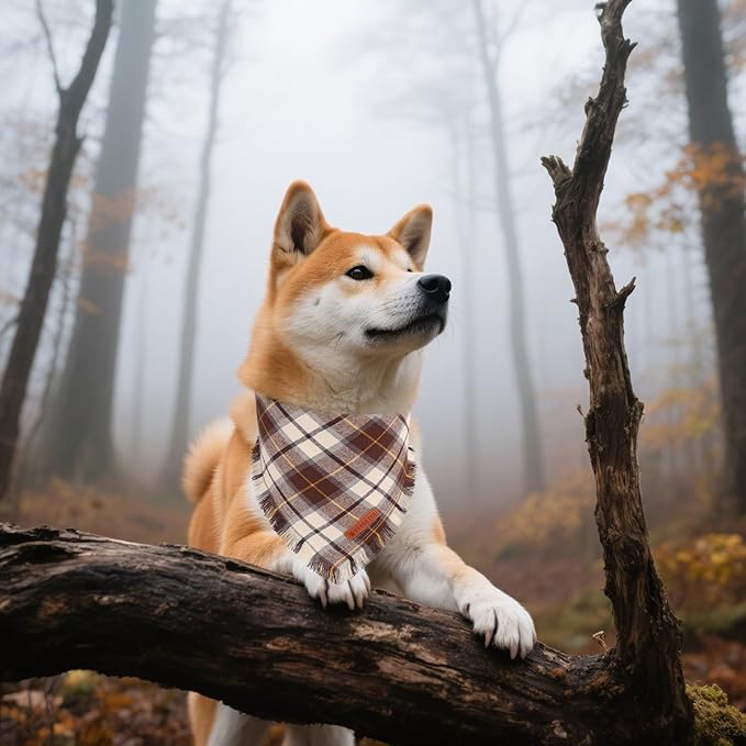 ADOGGYGO Fall Dog Bandanas with Tassels Edges, Orange Brown Plaid Scarf Bib, Multi Size, Fall Thanksgiving Halloween Bandanas for Small Dogs (Small)
