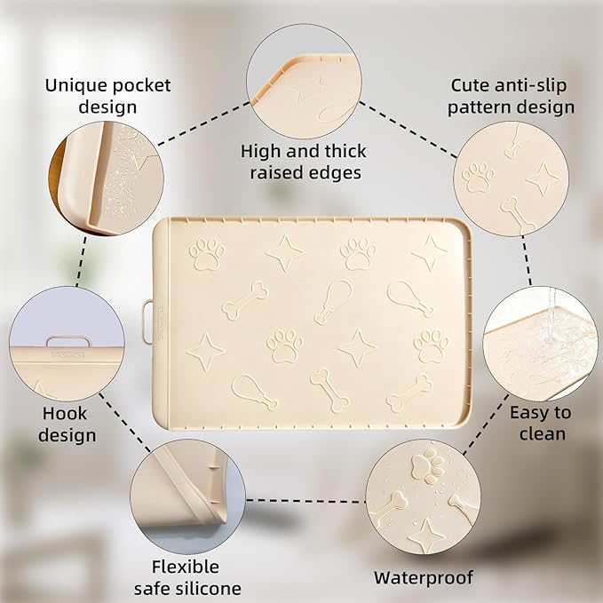 Silicone Cat Litter Mat with Collection Pocket, 42" x 28" Large Cat Litter Box Mat Waterproof Anti-Slip Litter Trapping Mat with Edge and Handle Pet Placemat for Floors (Beige)