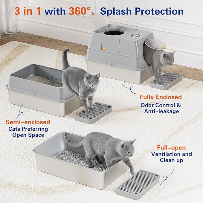 Front & Top Entry Stainless Steel Litter Box with Lid,Cat Litter Box Enclosure,Extra Large Enclosed,Non-Sticky Metal Pan,Anti-Leakage,Odor Control,Easy Clean,Covered for Indoor Cats,Includes Scoop Set