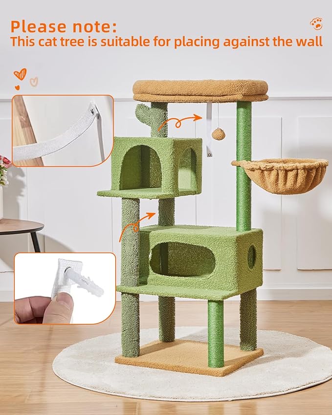 Taoqimiao Cat Tree,49-Inch Cat Tower for Indoor Cats,2 Luxurious cat condo with Adjustable Large Hanging Baskets and Large Luxurious Perch Smoky Gray MS029LT Cactus
