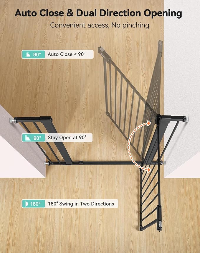 COMOMY 36" Extra Tall Baby Gate for Stairs Doorways, Fits Openings 29.5" to 46" Wide, Auto Close Extra Wide Dog Gate for House, Pressure Mounted Easy Walk Through Pet Gate with Door, Black