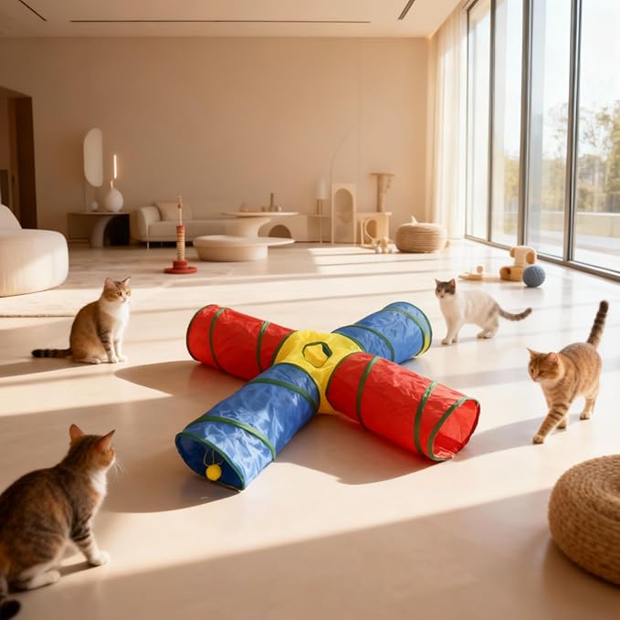 Cat Toys - 4-Way Tunnel for Indoor Cats with Peek Hole & 2 Mice - Large Foldable Rainbow Tube with Hanging Ball for Kittens, Rabbits, Small Dogs - Ideal Cat Toy
