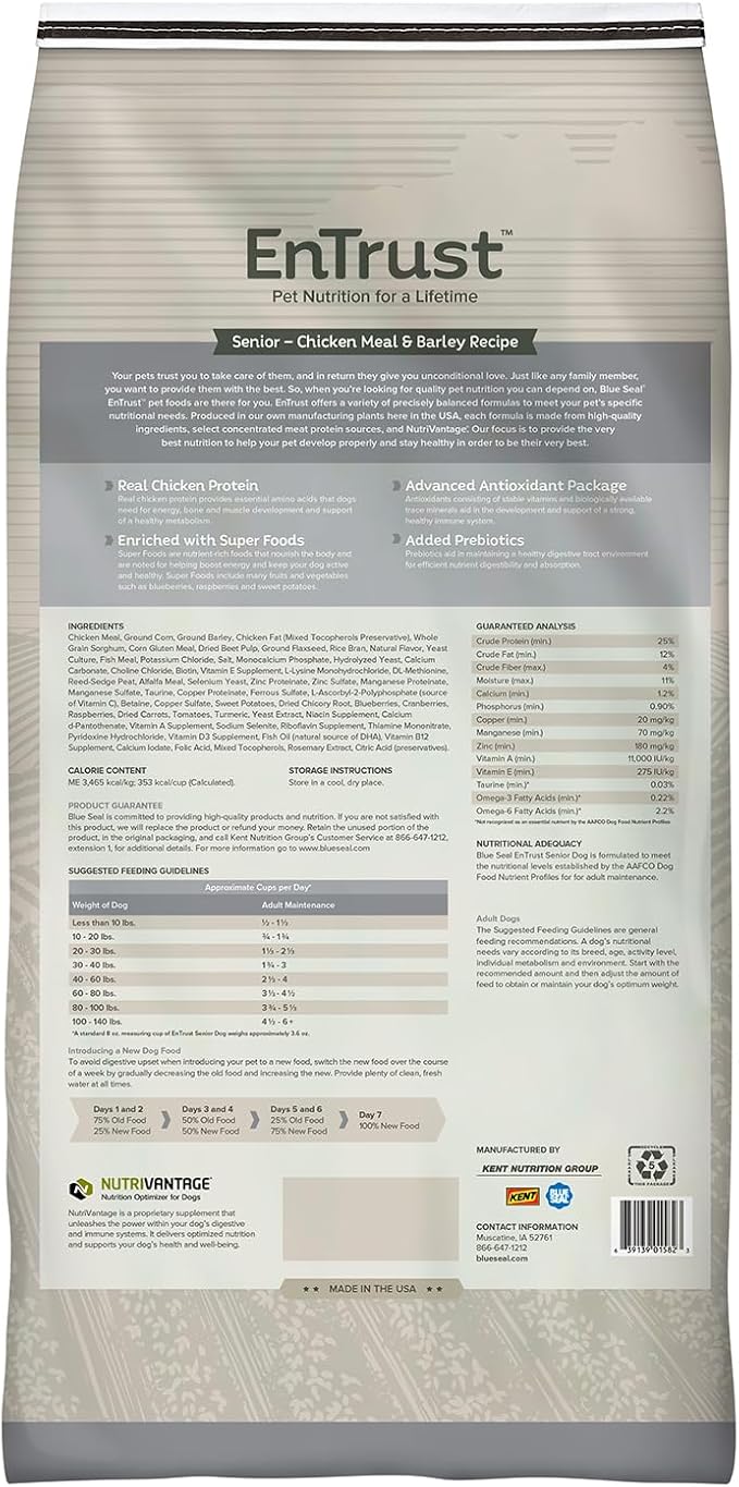 ENTRUST Senior Dog Food | Chicken & Barley | Enriched with Super Foods, Antioxidants and Probiotics | No Wheat or Soy | 6 Pound Bag