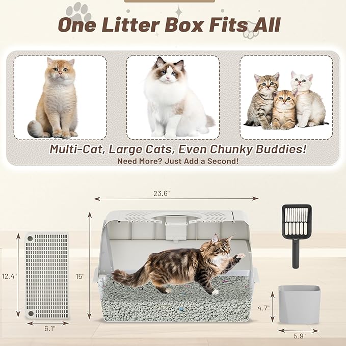 Extra Large Enclosed Stainless Steel Cat Litter Box Enclosure with Lid, Front Dual-Door and Top Exit Metal Cat Litter Pan Box for Big Cats, with Litter Scoop,Box Step, Waste Bin & Trash Bags, White