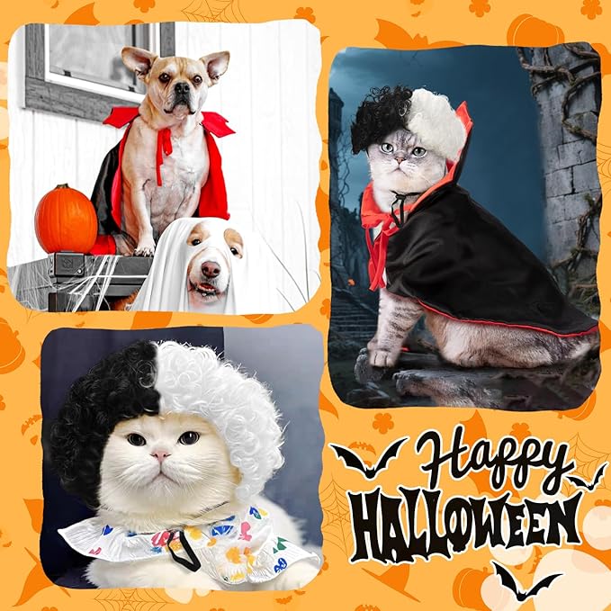 Halloween Cat Costume,Reversible Cape and Wig Set for Cats Dogs, Adjustable Red Black Witch Vampire Cruella Style Pet Outfit with Neck Strap