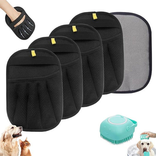 4pcs Pet Hair Removal Gloves 2025 Newly Upgraded Electrostatic Washable & Reusable Five Finger Pet Hair Remover for Dogs & Cats Tool for Clothing, Sofa, Carpet & Car Seat with Silicon Pet Bath Brush