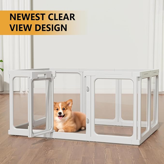 Clear Acrylic Dog Playpen with Door, for Puppy Rabbit Transparent Pet Pen, Dog Playpen Indoor, Dog Fence, Easy Assemble & Cleaning Dog Pen for Small & Medium Dogs (23.6“ Height, 14PCS)